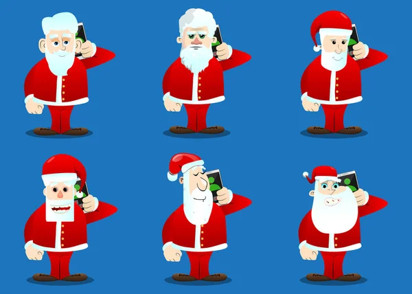 Papai Noel Suas Roupas Vermelhas Com Barba Branca Falando Celular — Vetor de Stock