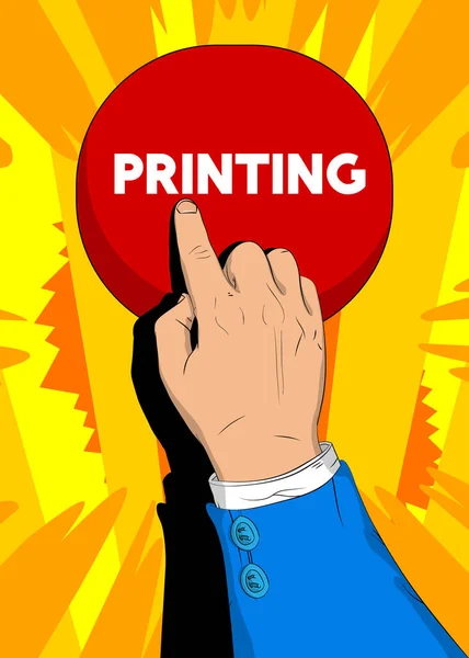 商人用食指按下印刷按钮 漫画书风格的概念 印刷业务概念 — 图库矢量图片