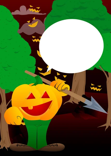 Decorative Pumpkin Halloween Holding Spear His Hand Cartoon Character Face — Stock Vector