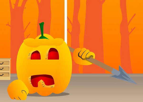 Abóbora Decorativa Para Halloween Segurando Lança Sua Mão Como Personagem — Vetor de Stock