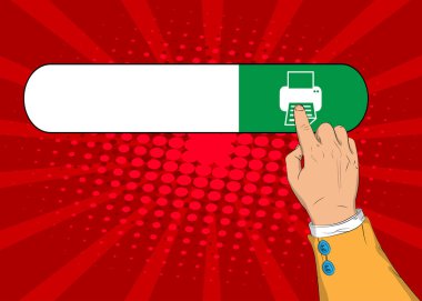 Yazdırma simgesi olan sanal arama çubuğu. İşadamı sağ işaret parmağını yazıcı sembolüne dokunmak için itiyor. Yazdırma işi konsepti.