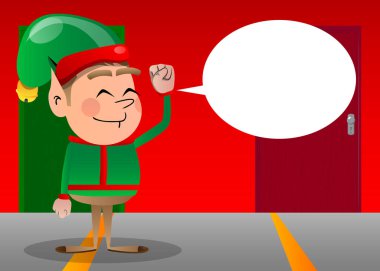 Noel Elf 'i insanlara yumruk hareketi yaptırıyor. Vektör çizgi film karakteri çizimi Noel Baba 'nın küçük çalışanı, yardımcısı.
