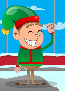 Noel Elf 'i insanlara yumruk hareketi yaptırıyor. Vektör çizgi film karakteri çizimi Noel Baba 'nın küçük çalışanı, yardımcısı.