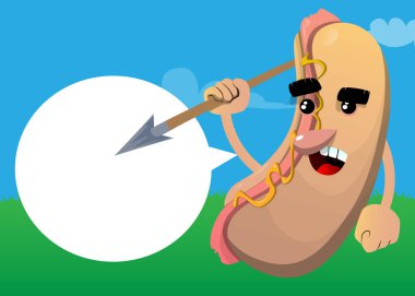 Hot Dog elinde mızrak tutuyor. Çizgi film karakteri olarak Amerikan fast food..