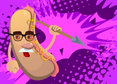 Hot Dog elinde mızrak tutuyor. Çizgi film karakteri olarak Amerikan fast food..