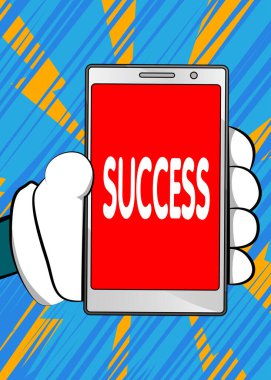 Smartphone ekranında başarılı metin. Çizgi film vektörü resimli cep telefonu. Başarılı, kazançlı, başarılı iş konsepti.