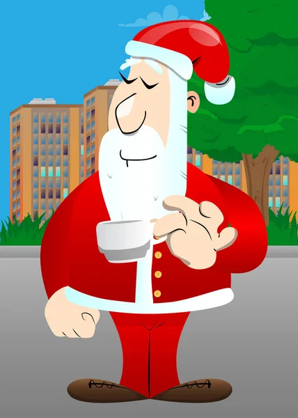 Papá Noel Vestido Rojo Con Barba Blanca Bebiendo Café Ilustración — Vector de stock