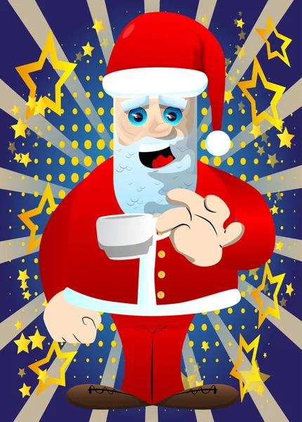 Άγιος Βασίλης Κόκκινα Ρούχα Και Λευκή Γενειάδα Πίνει Καφέ Εικονογράφηση — Διανυσματικό Αρχείο