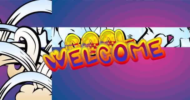 Cooler Empfang Bewegungsplakat Animierter Comic Worttext Auf Abstraktem Comichintergrund Retro — Stockvideo