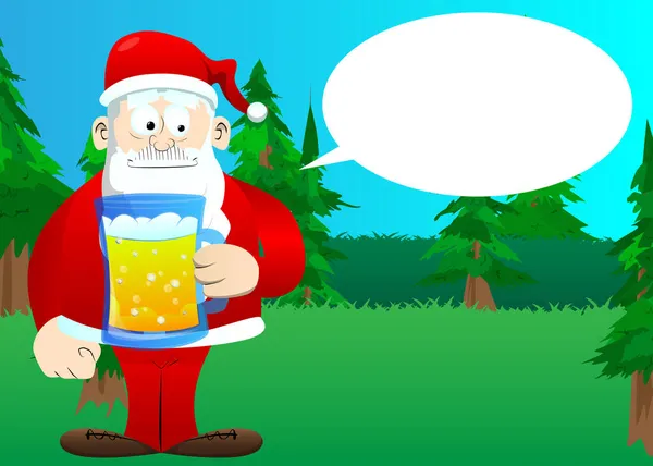 Kırmızı Elbiseli Beyaz Sakallı Bira Içen Noel Baba Vektör Çizgi — Stok Vektör
