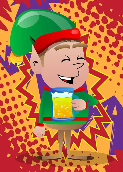 Elfo Natal Beber Cerveja Desenho Animado Vetor Ilustração Pequeno Trabalhador —  Vetores de Stock