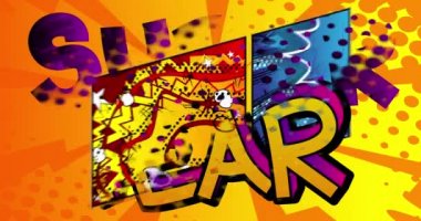 Süper Korku. Çizgi Roman Kelimeleri Hareketi posteri. Soyut karikatür arka planında 4k animasyon metni. Retro pop sanat tarzı.