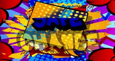 Güvenli Değişiklik. Hareket posteri. 4k animasyon çizgi roman kelime metni soyut çizgi roman arkaplanı üzerinde hareket ediyor. Retro pop sanat tarzı.