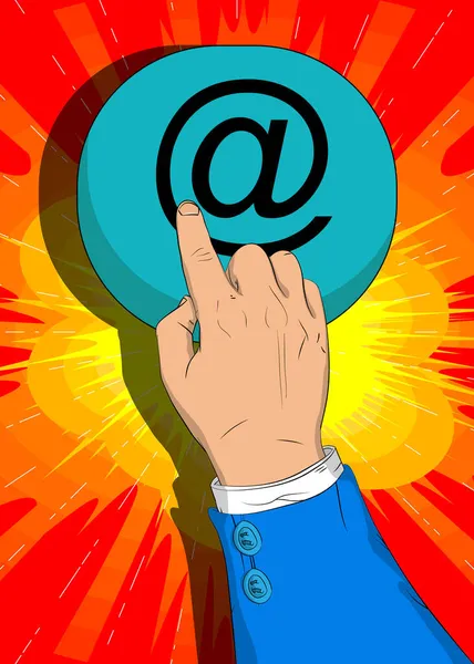 商人推在签署 电子邮件 邮件互联网符号按钮用他的食指 漫画书风格概念 — 图库矢量图片
