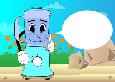 Yemek karıştırıcısı, elinde yüzüyle izleyiciye çizgi film karakteri olarak bakıyor. Gıda işleme için elektrikli mutfak ekipmanları.