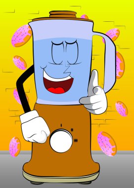 Yemek karıştırıcısı, elinde yüzüyle izleyiciye çizgi film karakteri olarak bakıyor. Gıda işleme için elektrikli mutfak ekipmanları.