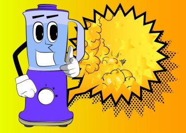 Yemek karıştırıcısı, elinde yüzüyle izleyiciye çizgi film karakteri olarak bakıyor. Gıda işleme için elektrikli mutfak ekipmanları.