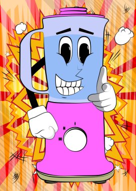 Yemek karıştırıcısı, elinde yüzüyle izleyiciye çizgi film karakteri olarak bakıyor. Gıda işleme için elektrikli mutfak ekipmanları.