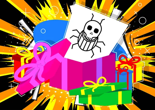打开装有白纸和电脑病毒标志的礼品盒 圣诞节 新年或生日礼物 Trojan Online Network Internet Security Icon — 图库矢量图片