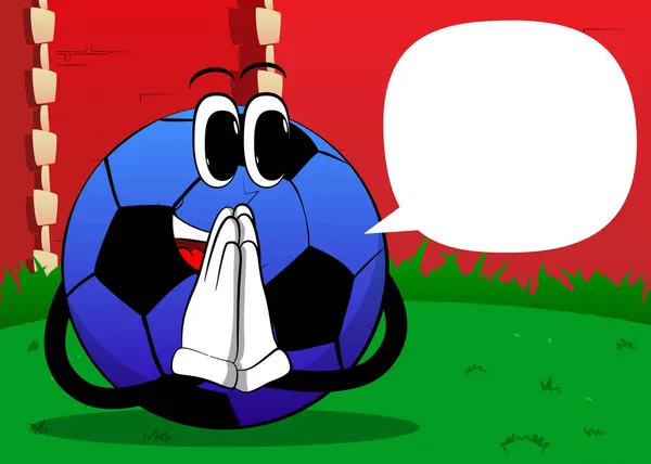 有祈祷的手的足球 传统足球作为一个卡通人物的脸 — 图库矢量图片