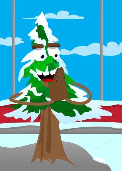 Cartoon Winter Pijnbomen Met Gezichten Met Biddende Handen Leuke Bosbomen — Stockvector