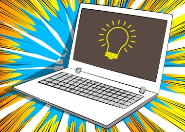 Ekranda ampul simgesi olan dizüstü bilgisayar. Vektör karikatür çizimi. Fikirler, fikir, başarı, büyüme, yaratıcılık kavramı.
