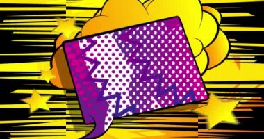 Komik bir tatil. Hareket posteri. 4k animasyon çizgi roman kelime metni soyut çizgi roman arkaplanı üzerinde hareket ediyor. Retro pop sanat tarzı.