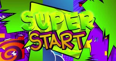 Süper Maceran Şimdi. Hareket posteri. 4k animasyon çizgi roman kelime metni soyut çizgi roman arkaplanı üzerinde hareket ediyor. Retro pop sanat tarzı.
