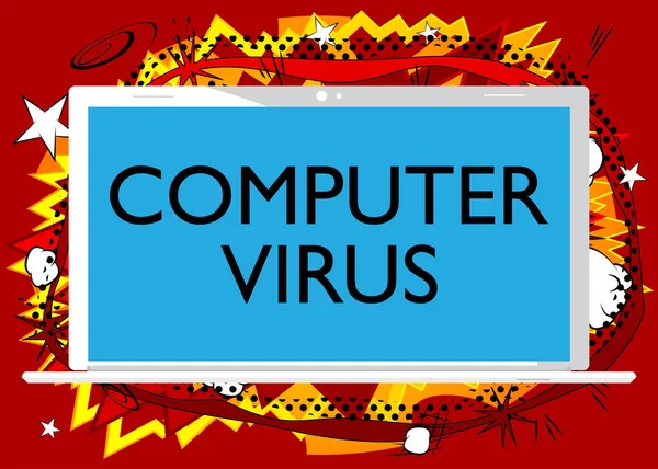画面上の単語のコンピュータウイルスとノートパソコン ベクトル漫画イラスト — ストックベクタ
