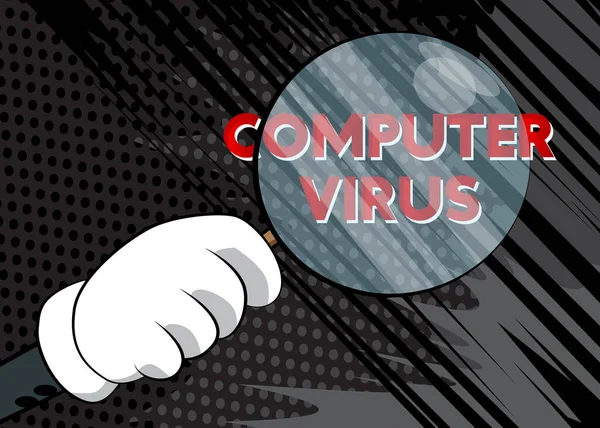 만화책 배경에 돋보기 아래있는 컴퓨터 바이러스 — 스톡 벡터