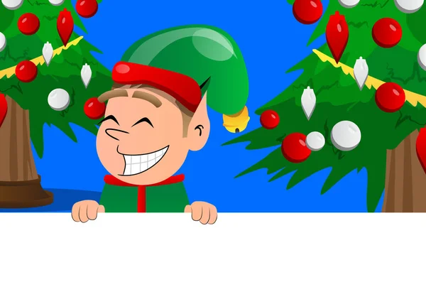 Vánoční Skřítek Drží Prázdný Nápis Vektorový Kreslený Postava Ilustrace Santa — Stockový vektor