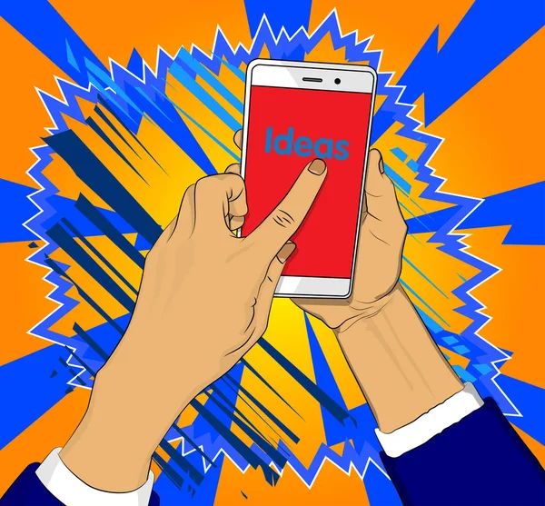 Text Nápadů Obrazovce Smartphone Cartoon Vektor Ilustrované Mobilní Telefon Myšlenky — Stockový vektor