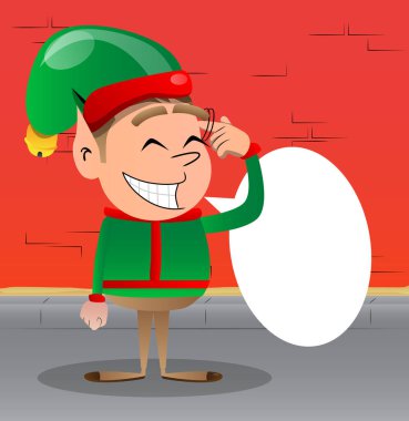 Noel Elfi parmağını şakağına dolayarak senin deli olduğunu gösteriyor. Vektör çizgi film karakteri çizimi Noel Baba 'nın küçük çalışanı, yardımcısı.