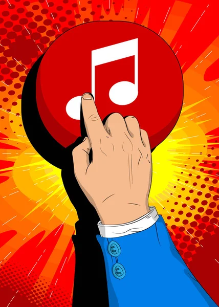 商人用食指按 音乐笔记 图标按钮 听音乐概念的漫画书风格 — 图库矢量图片