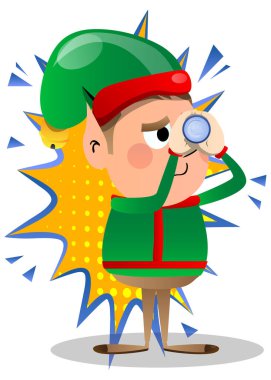 Noel Elfi elinde dürbün tutuyor. Vektör çizgi film karakteri çizimi Noel Baba 'nın küçük çalışanı, yardımcısı.