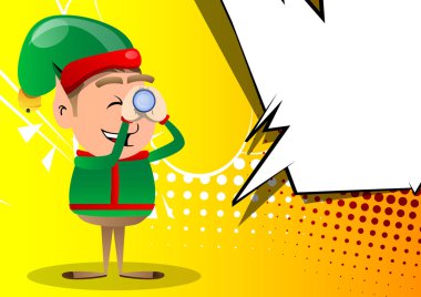 Noel Elfi elinde dürbün tutuyor. Vektör çizgi film karakteri çizimi Noel Baba 'nın küçük çalışanı, yardımcısı.