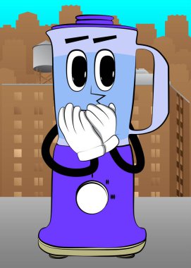 Yüzü çizgi film karakteri gibi elleri ağzının üstünde yiyecek karıştırıcısı. Gıda işleme için elektrikli mutfak ekipmanları.