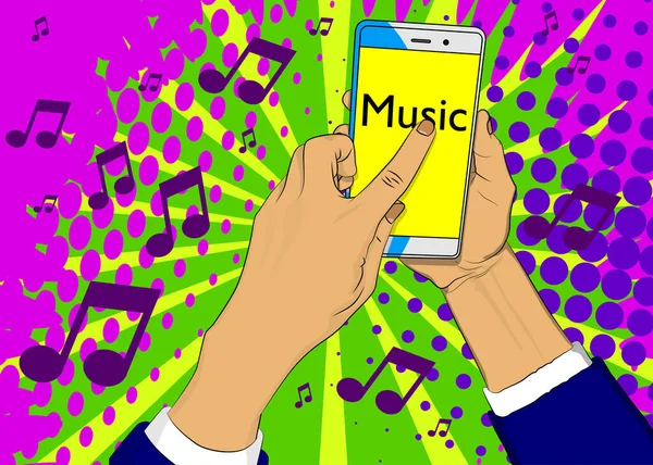 Texto Musical Pantalla Del Smartphone Vector Dibujos Animados Ilustrado Teléfono — Archivo Imágenes Vectoriales