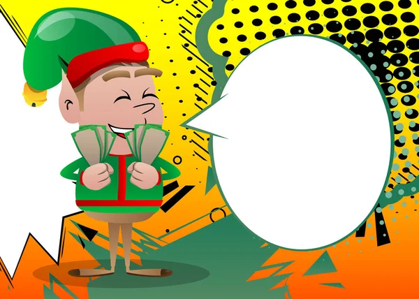 Noel Elf Elinde Tutuyor Para Gösteriyor Vektör Çizgi Film Karakteri — Stok Vektör