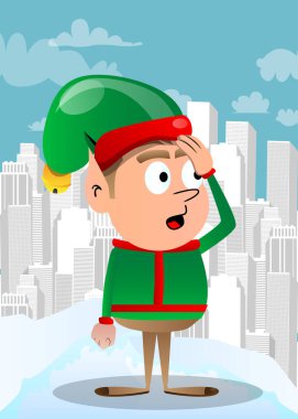 Noel Elf 'i ellerini başının üstüne koyuyor. Vektör çizgi film karakteri çizimi Noel Baba 'nın küçük çalışanı, yardımcısı.