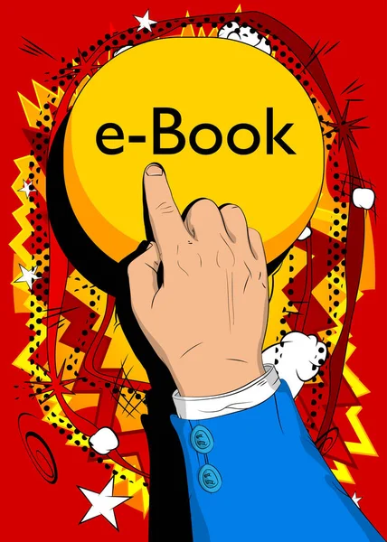 商人用食指按电子书的文字按钮 漫画书风格概念 — 图库矢量图片