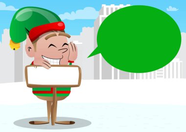 Tahtasında boş kağıt olan Noel Elfi, imzala. Vektör çizgi film karakteri çizimi Noel Baba 'nın küçük çalışanı, yardımcısı.