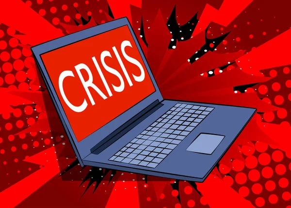 Laptop Com Palavra Crise Tela Ilustração Dos Desenhos Animados Vetoriais — Vetor de Stock