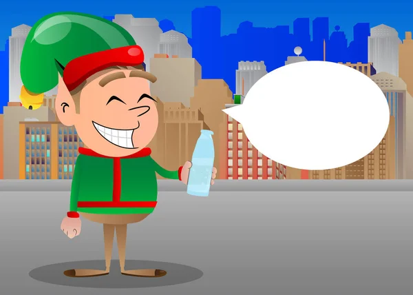Świąteczny Elf Pijący Wodę Szklanej Butelki Wektor Postać Kreskówki Ilustracja — Wektor stockowy
