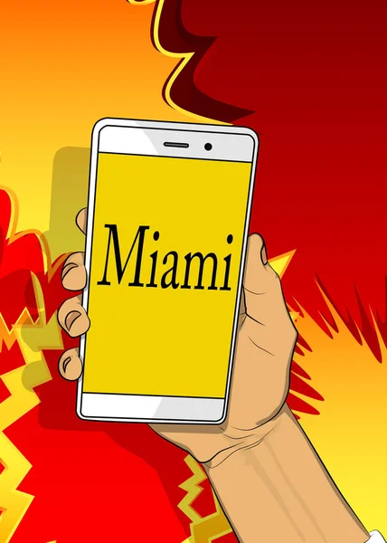 迈阿密文字在智能手机屏幕上 卡通矢量图解移动电话 — 图库矢量图片