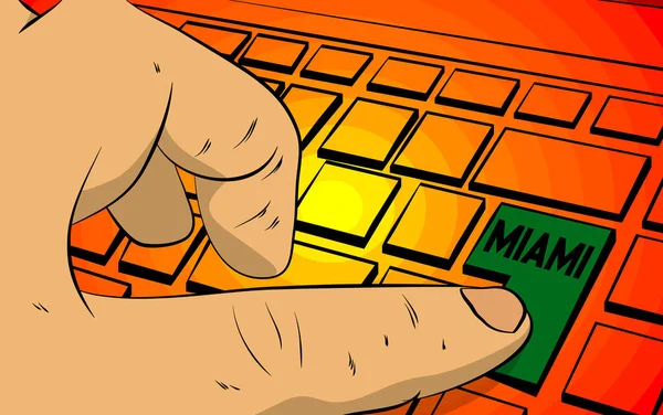 迈阿密字在电脑键盘上 男人在笔记本电脑上按键盘 漫画书风格概念 — 图库矢量图片