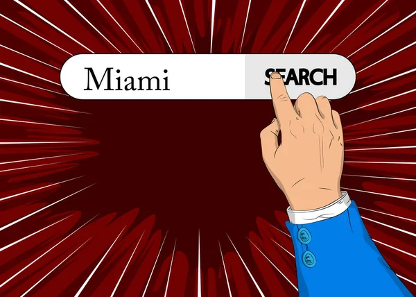 虚拟搜索栏与文字迈阿密 商人用右手食指碰搜索图标 — 图库矢量图片