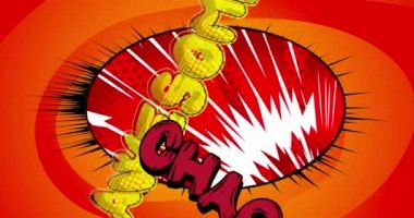 Muhteşem Kaos. Hareket posteri. 4k animasyon çizgi roman kelime metni soyut çizgi roman arkaplanı üzerinde hareket ediyor. Retro pop sanat tarzı.