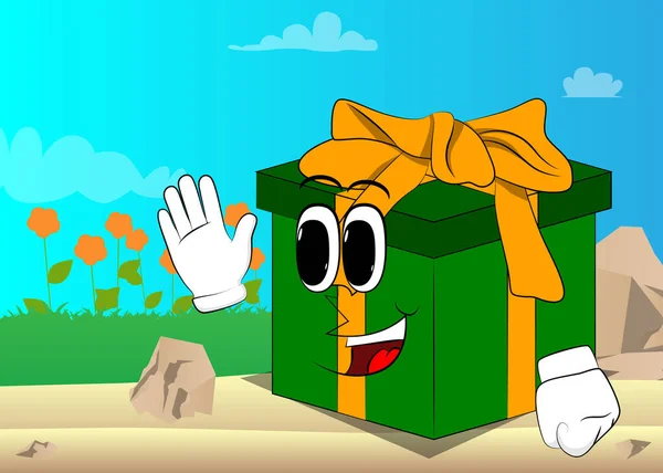 Κουτί Δώρου Κουνώντας Χέρι Χαρακτήρας Κινουμένων Σχεδίων Διακοπές Εορταστική Έκπληξη — Διανυσματικό Αρχείο