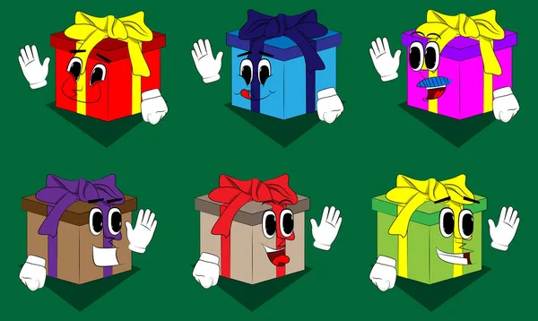 Κουτί Δώρου Κουνώντας Χέρι Χαρακτήρας Κινουμένων Σχεδίων Διακοπές Εορταστική Έκπληξη — Διανυσματικό Αρχείο